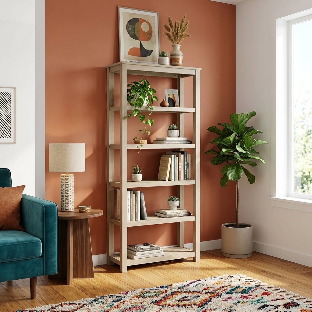 Tiburon KD Book Shelf in Drifted Sand back view - acacia 5-shelf bookcase by NPD - Whats New Furniture Portland OR