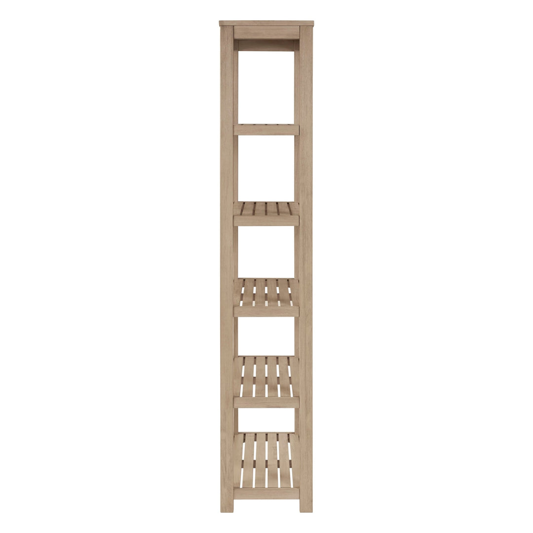 Tiburon KD Book Shelf in Drifted Sand detail view - acacia 5-shelf bookcase by NPD - Whats New Furniture Portland OR