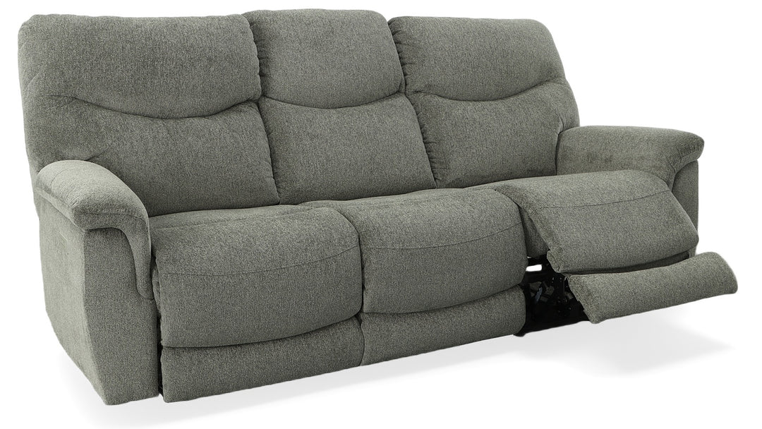 Tillamook reclining sofa shown fully reclined with extended footrest