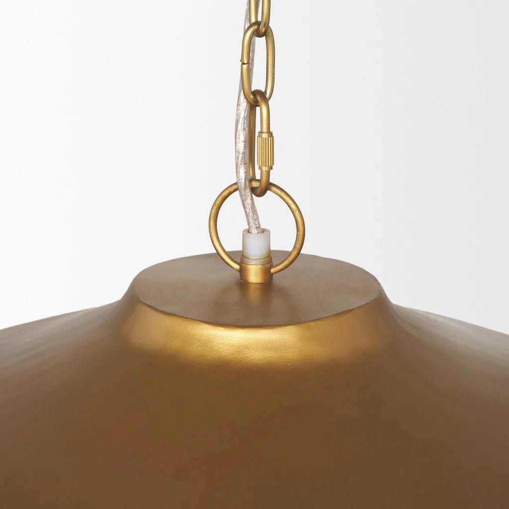 Titus Disc Pendant Light in Brass detail view - brass disc pendant light - Whats New Furniture Portland OR