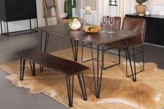 Topeka Live Edge Dining Bench in Mango Cocoa Gunmetal room setting - live edge dining bench by Coaster - Whats New Furniture Portland OR
