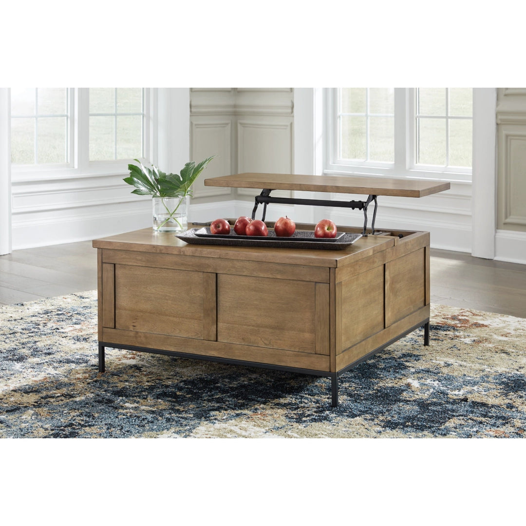 Torlanta Coffee Table in brown lifestyle setting - lift-top storage coffee table by Ashley - Whats New Furniture Portland OR
