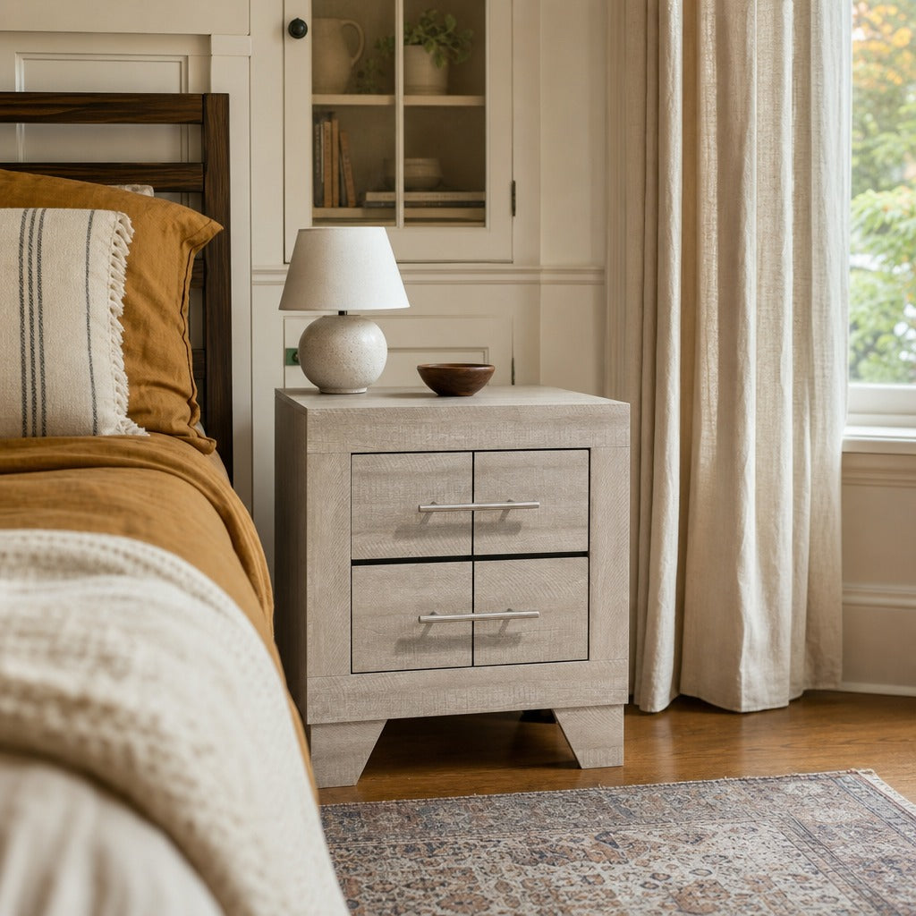 Trenton 2 Drawer Nightstand Bedside Table Rustic Cream styled in Portland Irvington foursquare with original built-ins living room - What&