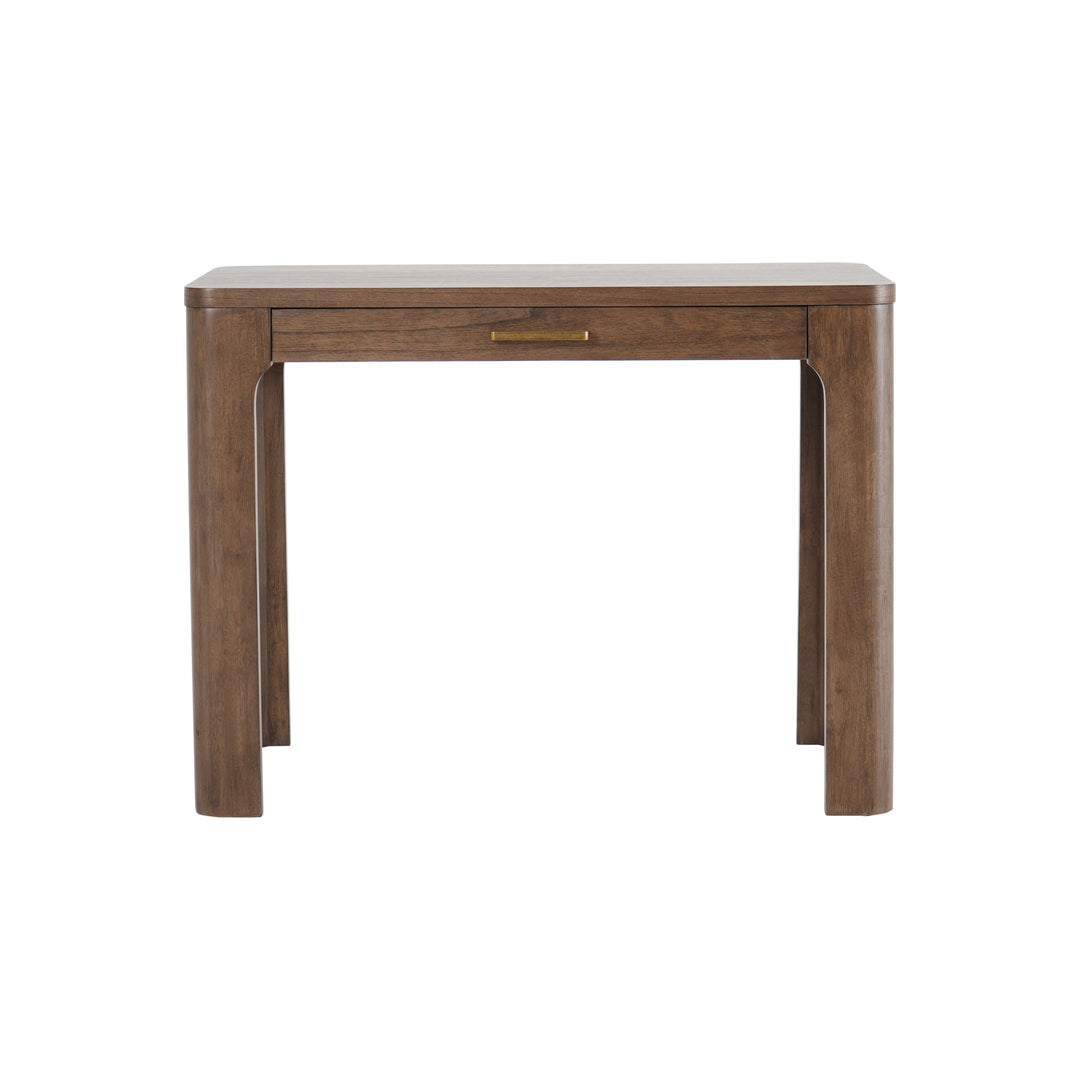 Trevin KD Small 1 Drawer Desk in Walnut front angle - Walnut small drawer desk by NPD - Whats New Furniture Portland OR