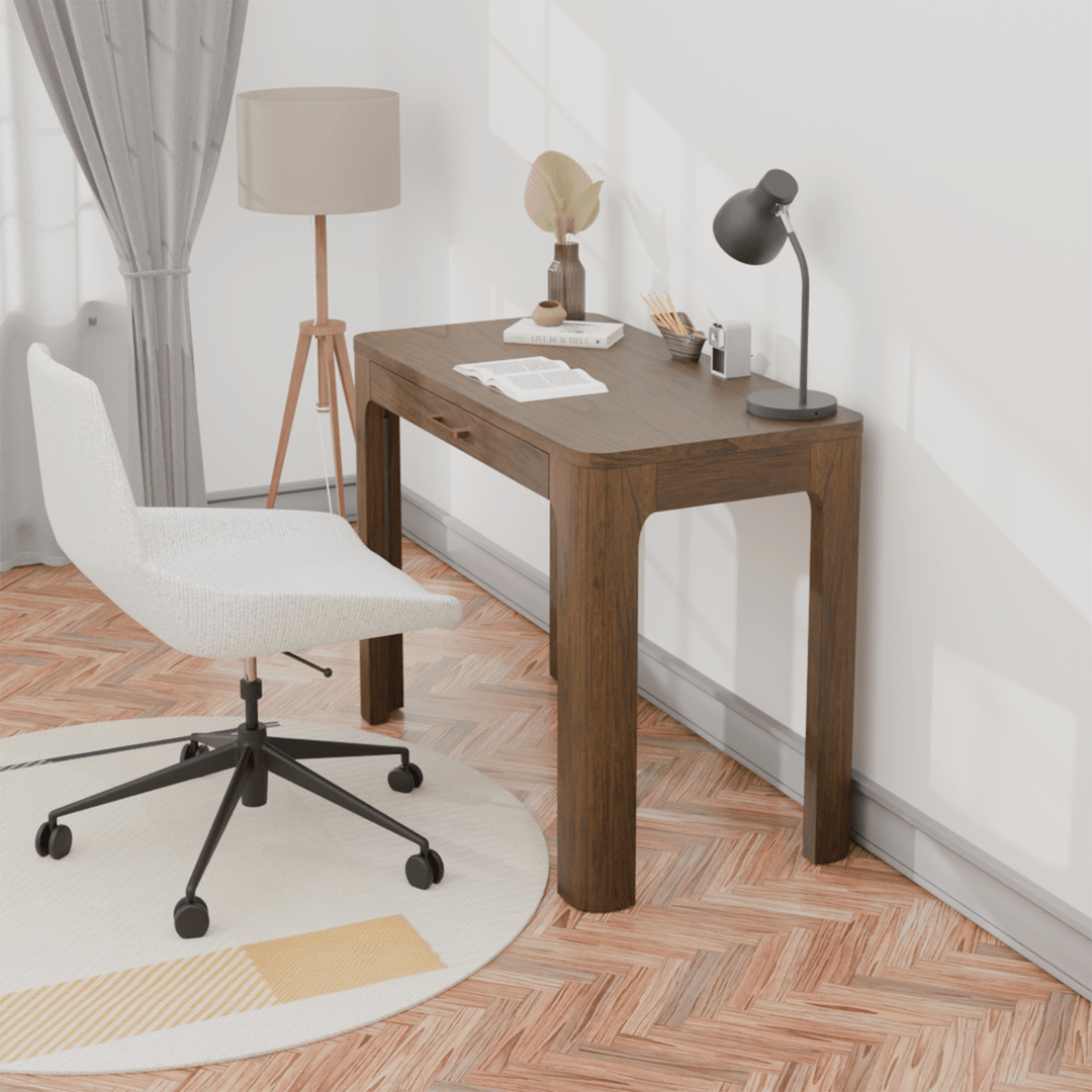 Trevin KD Small 1 Drawer Desk in Walnut room setting - Walnut small drawer desk by NPD - Whats New Furniture Portland OR