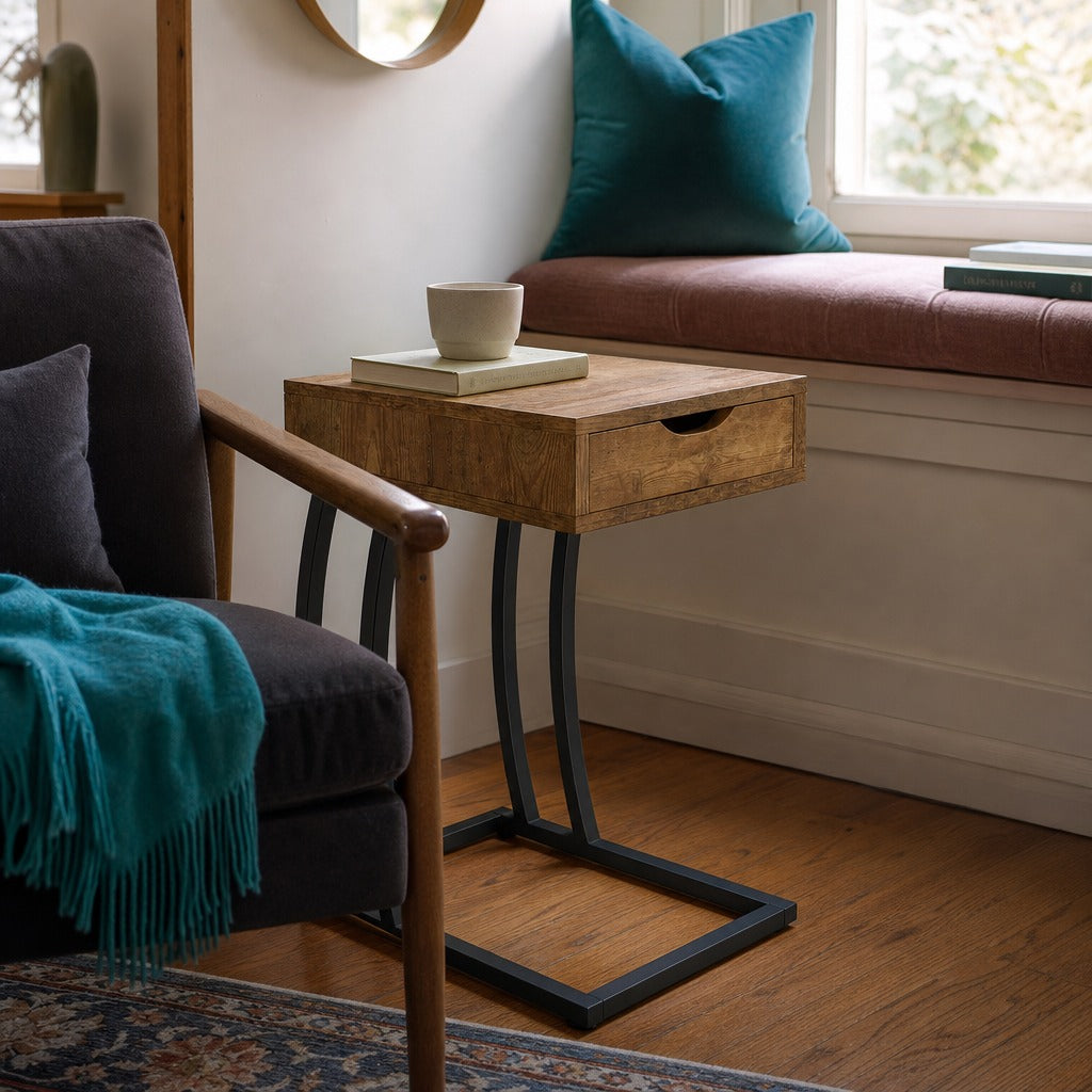Troy 1 Drawer C Shaped Side Table Power Outlet Rustic Nutmeg styled in Portland AlbertArts foursquare living room - What&