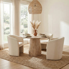 Truffle Round Dining Table in Natural White Wash lifestyle setting - round mango wood dining table by LH Imports - Whats New Furniture Portland OR