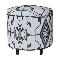 Round Ottoman with New Pendleton Upholstery B/W - What&