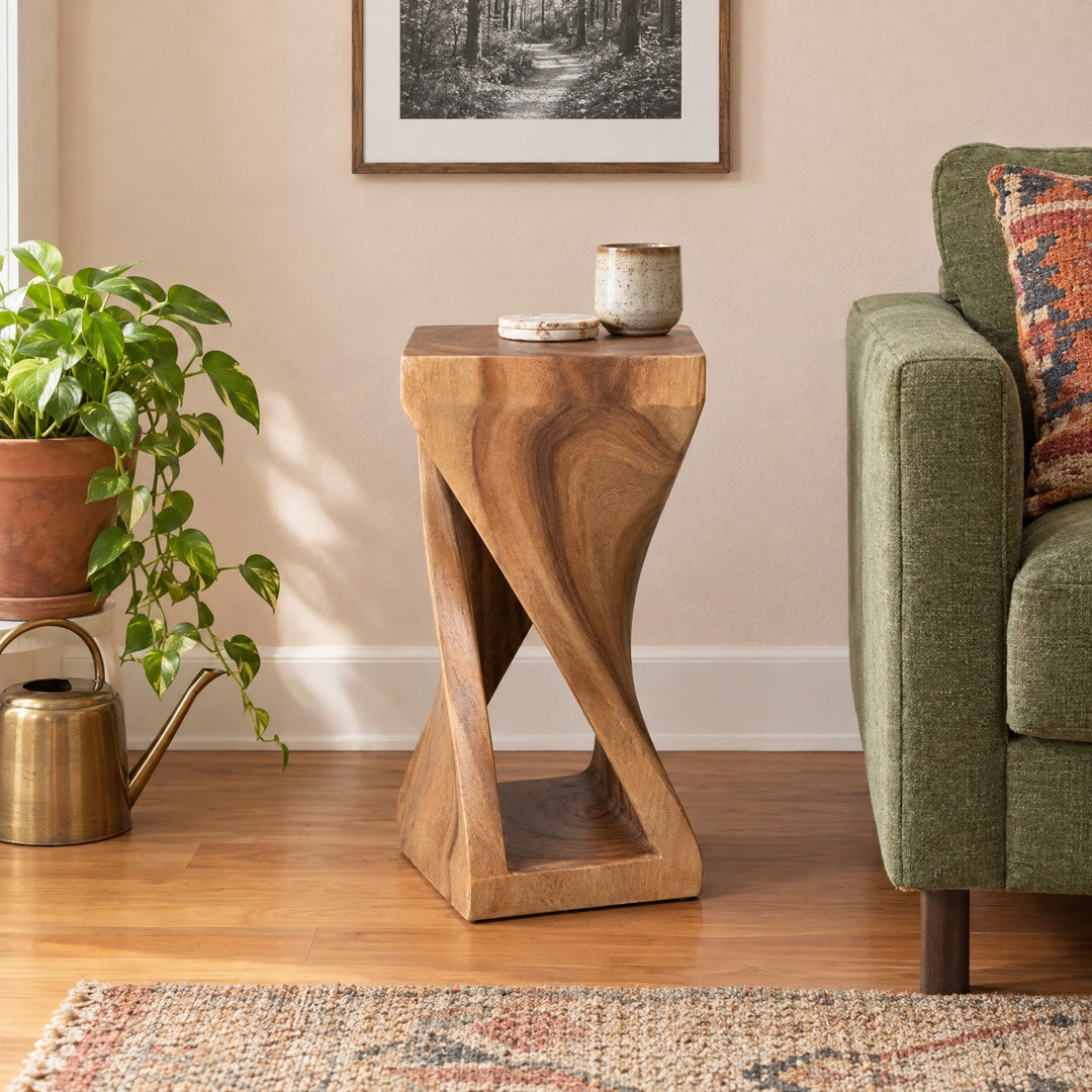Twisted Wood Accent Table 24", Natural styled in a Portland living room - Whats New Furniture