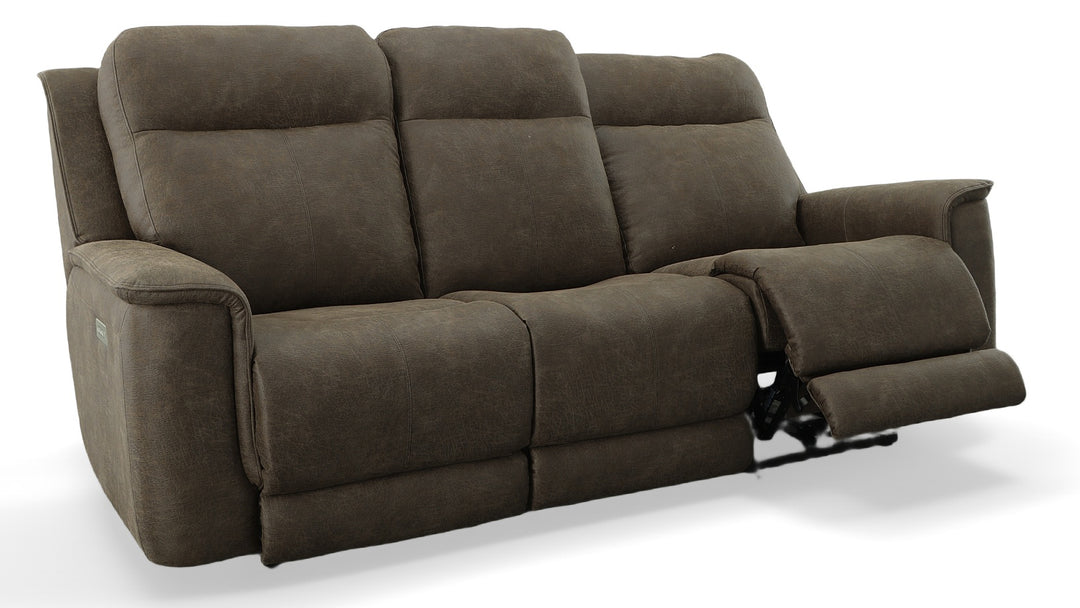 Umpqua reclining sofa shown fully reclined with extended footrest