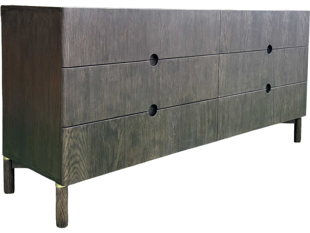 Arun double dresser espresso oak alternate three-quarter view - brushed brass leg detail - Whats New Furniture Portland