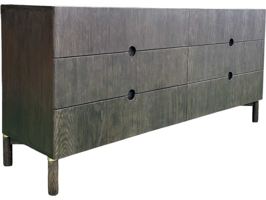 Arun double dresser espresso oak alternate three-quarter view - brushed brass leg detail - Whats New Furniture Portland