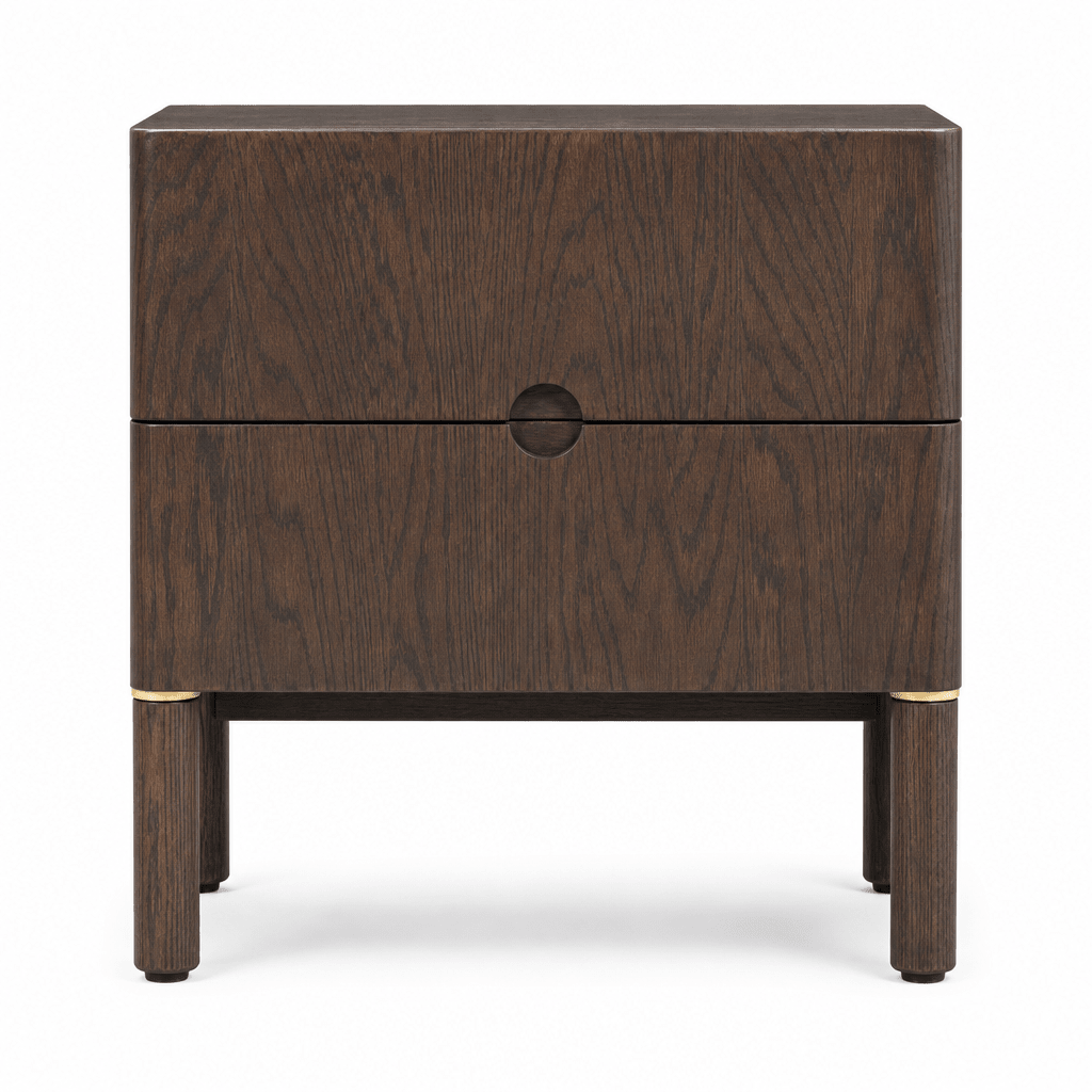 Arun nightstand in espresso oak straight-on front view - 2-drawer Scandinavian bedside table - Whats New Furniture Portland