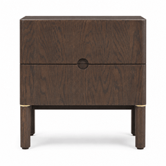 Arun nightstand in espresso oak straight-on front view - 2-drawer Scandinavian bedside table with brushed brass legs by Unique Furniture - Whats New Furniture Portland
