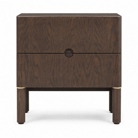 Arun nightstand in espresso oak straight-on front view - 2-drawer Scandinavian bedside table with brushed brass legs by Unique Furniture - Whats New Furniture Portland