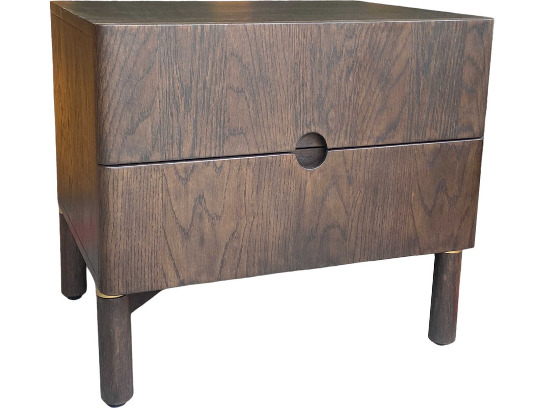 Arun nightstand in espresso oak front three-quarter view - 2-drawer Scandinavian bedside table by Unique Furniture - Whats New Furniture Portland OR