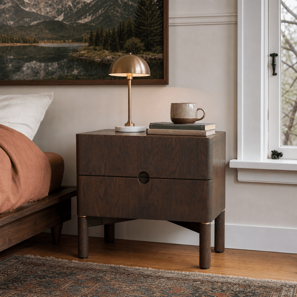 Arun nightstand in espresso oak styled in a Portland Craftsman bedroom with terracotta linen, brass lamp and PNW landscape art - Whats New Furniture