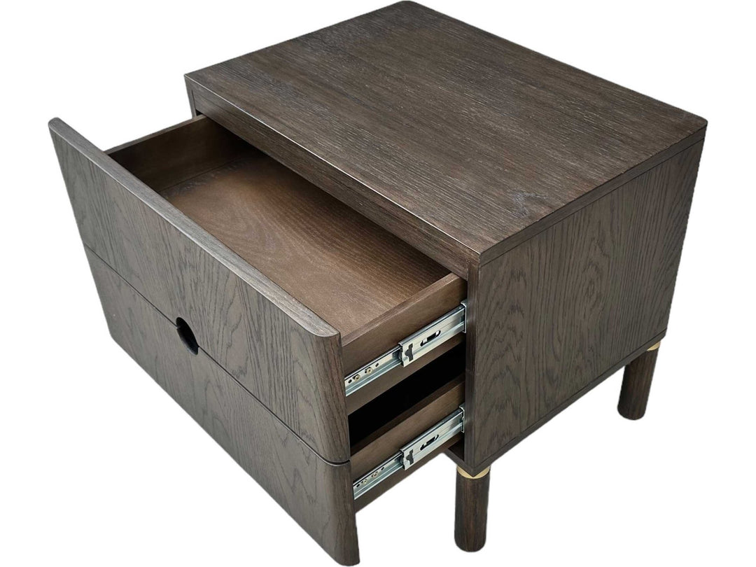 Arun nightstand espresso oak side three-quarter angle - showing round legs and brass accent caps - Whats New Furniture Portland
