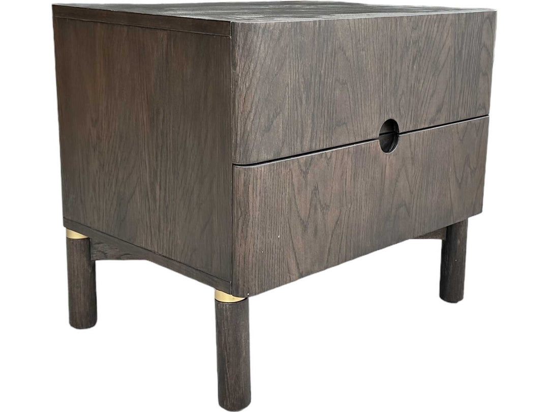 Arun nightstand espresso oak alternate angle - inset rounded pull detail - Scandinavian bedside table - Whats New Furniture Portland