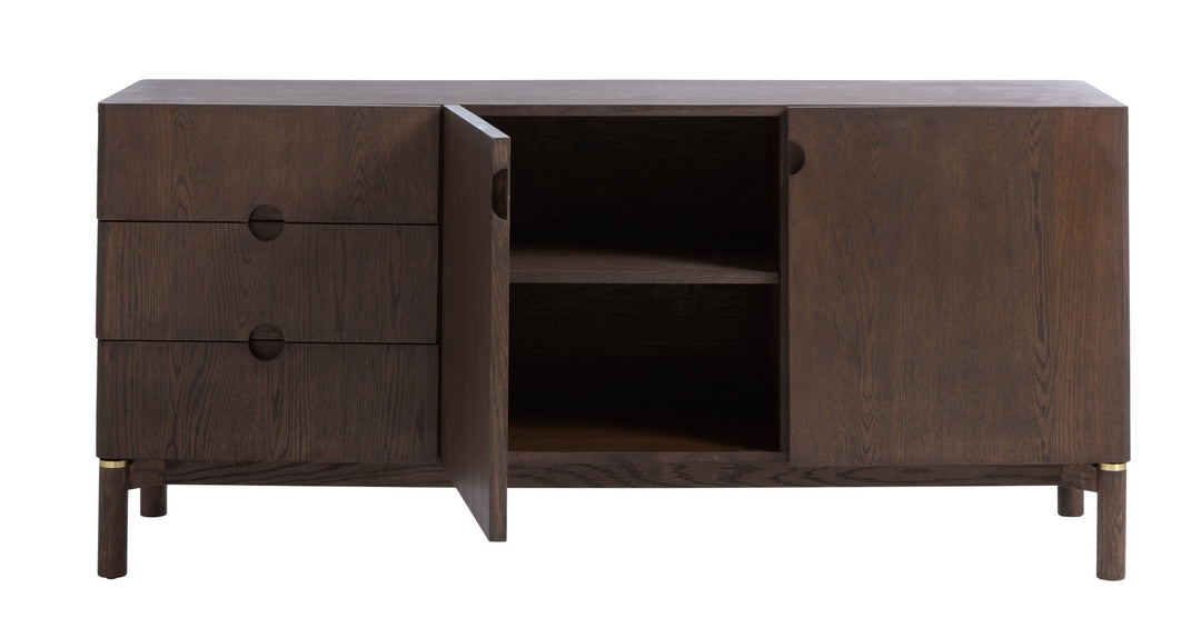 Arun sideboard espresso oak inset rounded pull detail - brass ring accent - Whats New Furniture Portland