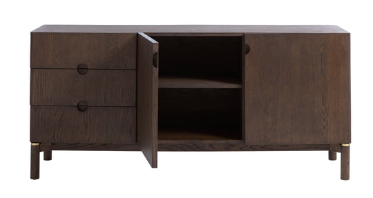 Arun sideboard espresso oak inset rounded pull detail - brass ring accent - Whats New Furniture Portland