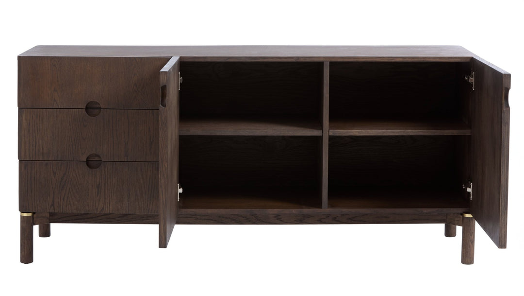 Arun sideboard espresso oak with cabinet door open - interior shelf storage - Whats New Furniture Portland