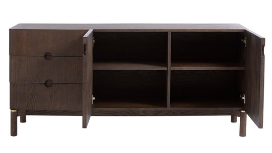 Arun sideboard espresso oak with cabinet door open - interior shelf storage - Whats New Furniture Portland