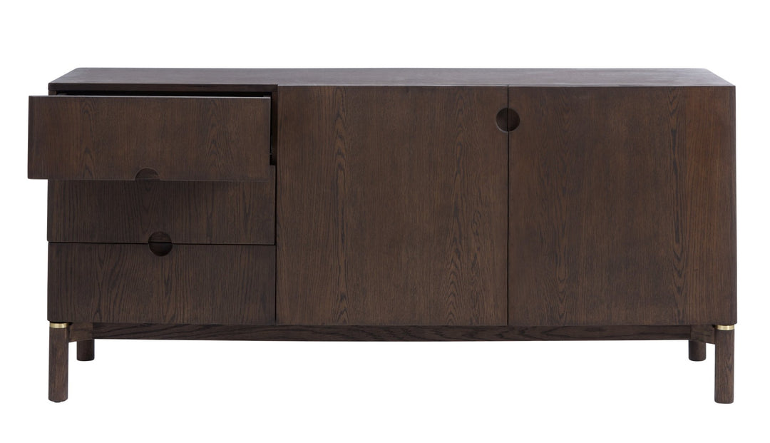 Arun sideboard espresso oak with drawer pulled out - soft-close glide detail - Whats New Furniture Portland