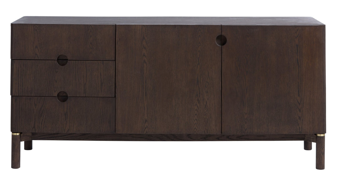 Arun sideboard espresso oak front elevation - 3 drawers and 2 doors layout - Whats New Furniture Portland