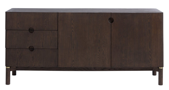 Arun sideboard espresso oak front elevation - 3 drawers and 2 doors layout - Whats New Furniture Portland