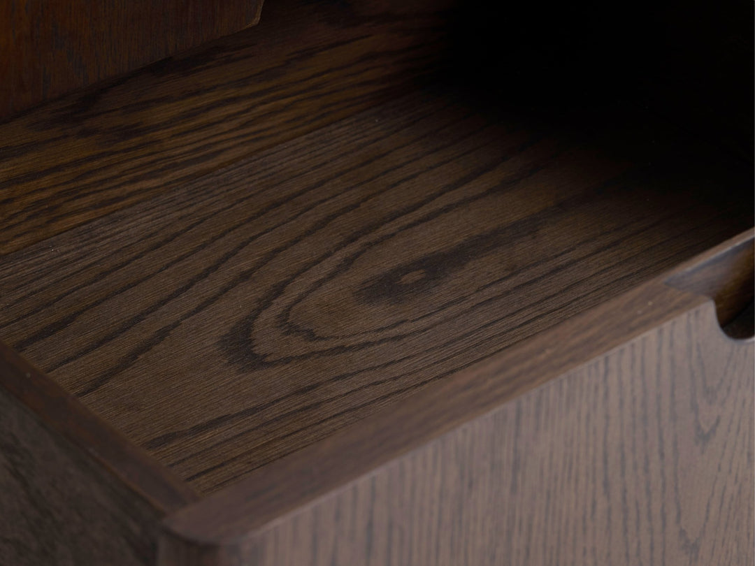 Arun sideboard espresso oak round leg with brushed brass accent cap - Whats New Furniture Portland