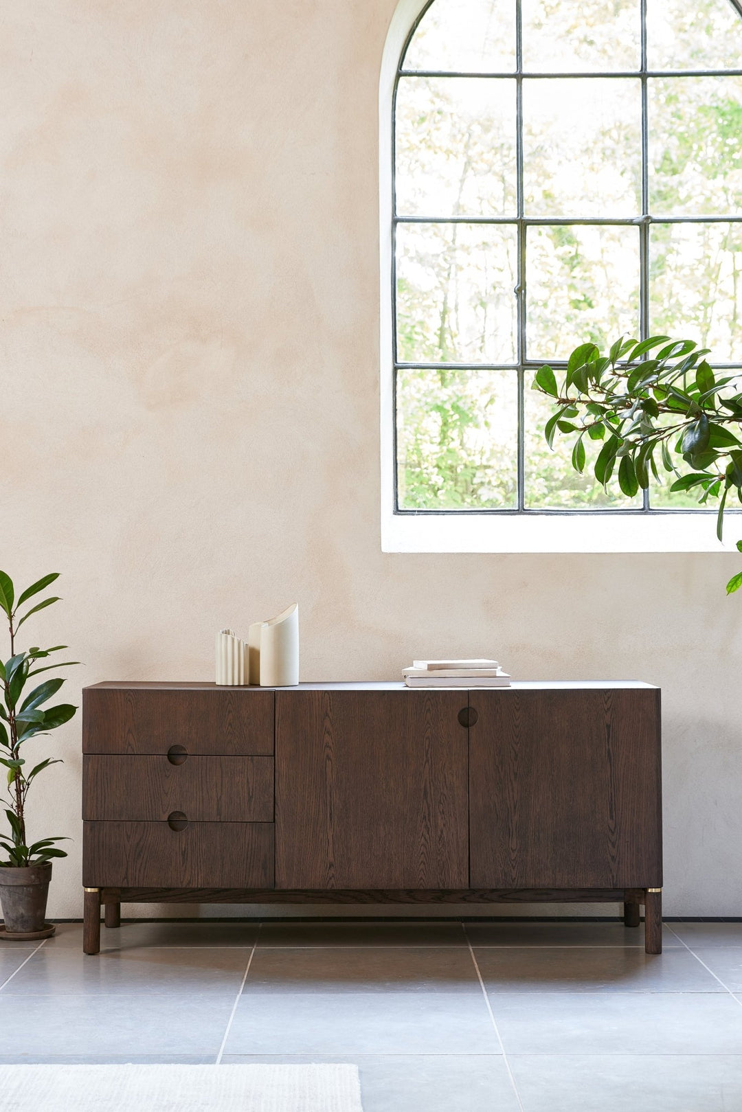 Arun sideboard espresso oak three-quarter angle - brushed brass leg accents - Whats New Furniture Portland