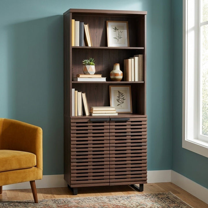 Bisana Bookcase in Brown styled in a bright Portland mid-century modern living room - Whats New Furniture