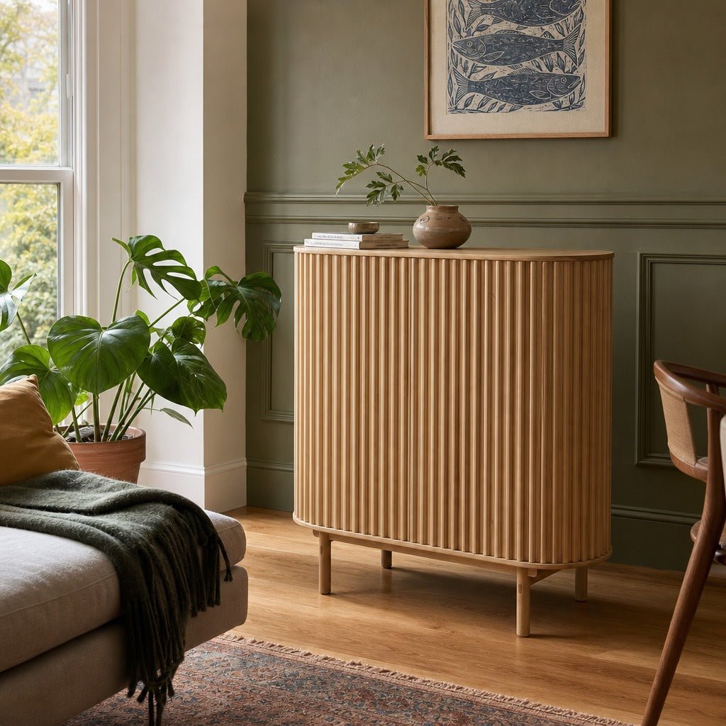 Carno Cabinet in Natural Oak styled in Portland Hawthorne Craftsman dining room - Whats New Furniture