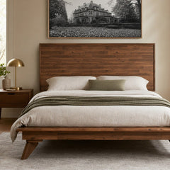 Denali American Walnut Queen Bed styled in a bright mid-century modern Portland bedroom - Whats New Furniture
