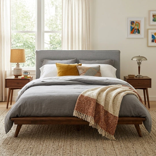 Denali Upholstered Queen Platform Bed styled in a bright Portland mid-century modern interior - Whats New Furniture