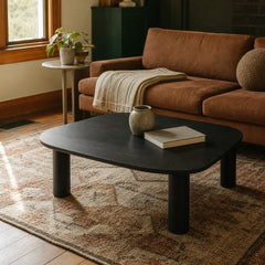 Monsun 31.5 inch square black oak coffee table styled in a Portland Craftsman living room - Whats New Furniture
