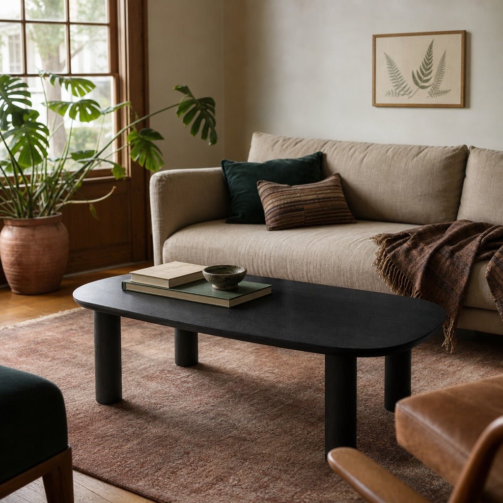 Monsun 47 inch rectangular black oak coffee table styled in a Portland Craftsman living room - Whats New Furniture