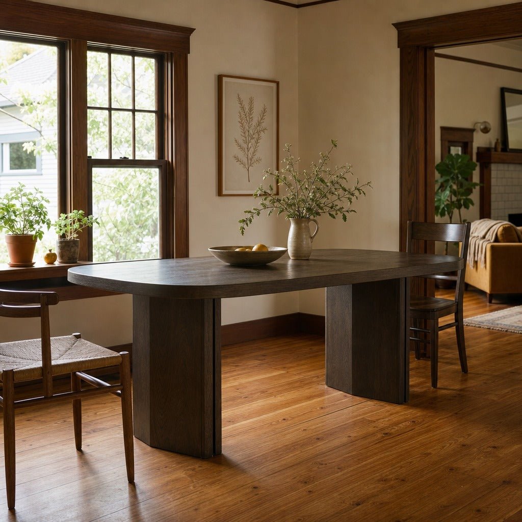 Natu Dining Table in Espresso Oil styled in Portland Alberta Arts dining room - Whats New Furniture