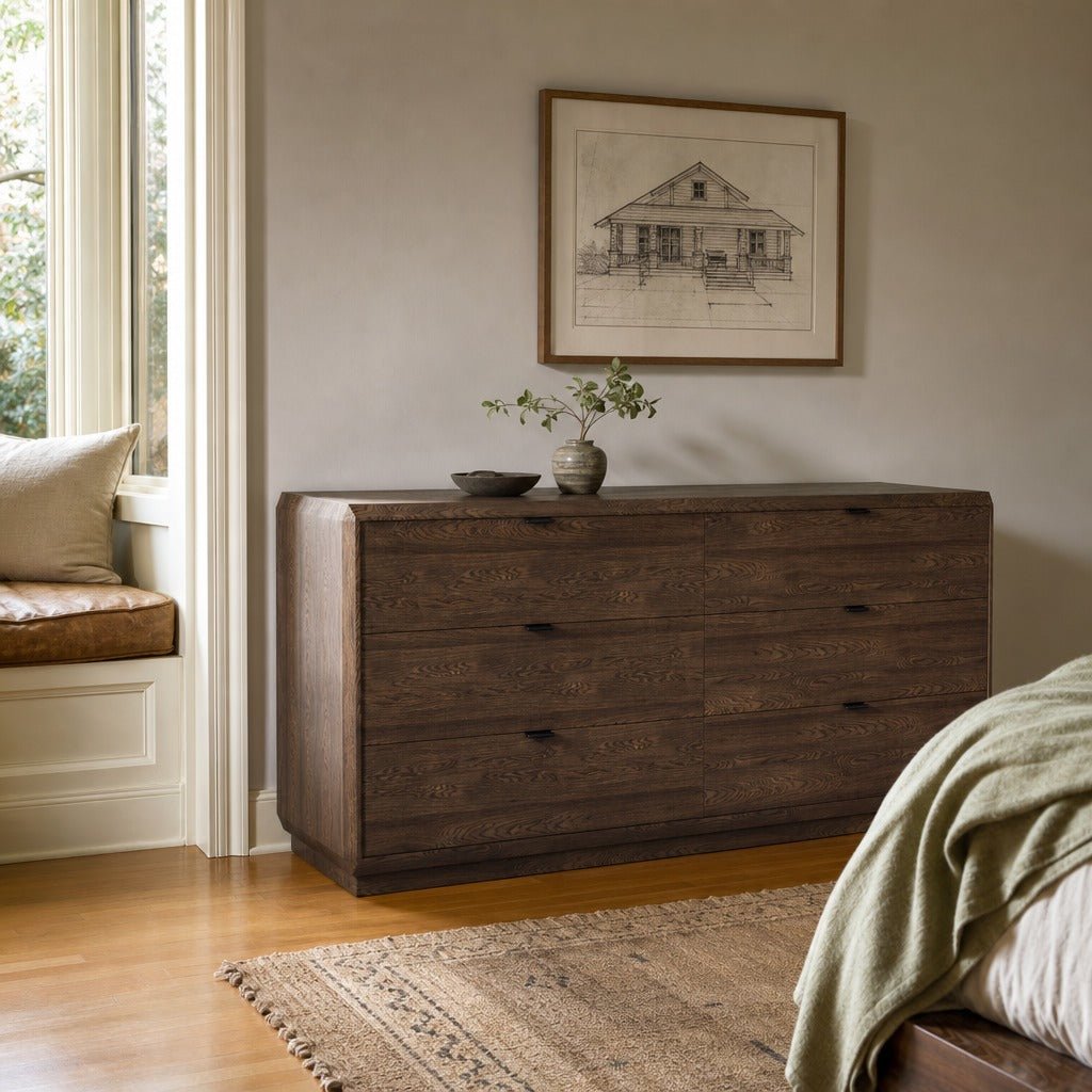 Natu Double Dresser in Dark Espresso styled in Portland Irvington foursquare bedroom - Whats New Furniture