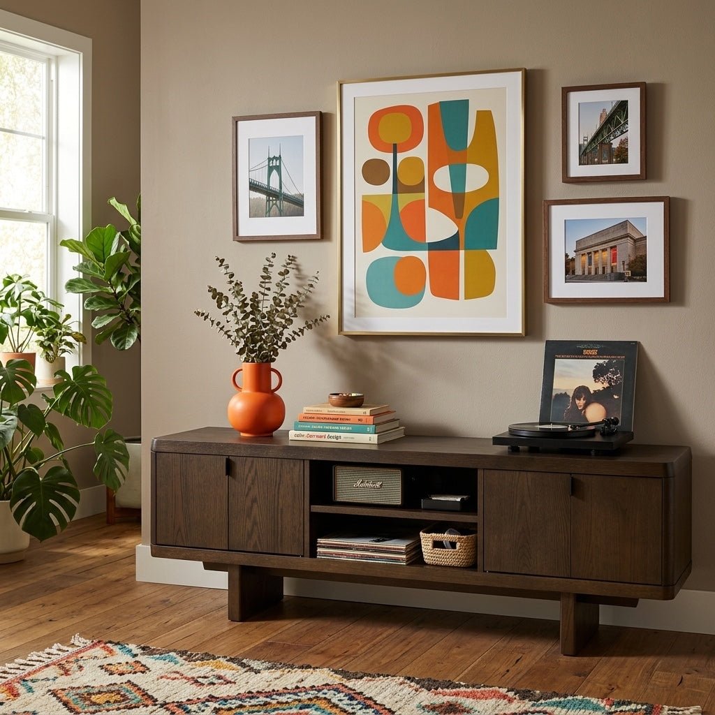 Natu Low Media Console styled in a bright Portland mid-century modern interior - Whats New Furniture