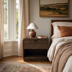 Natu Nightstand in Espresso styled in Portland Sellwood cottage bedroom - Whats New Furniture