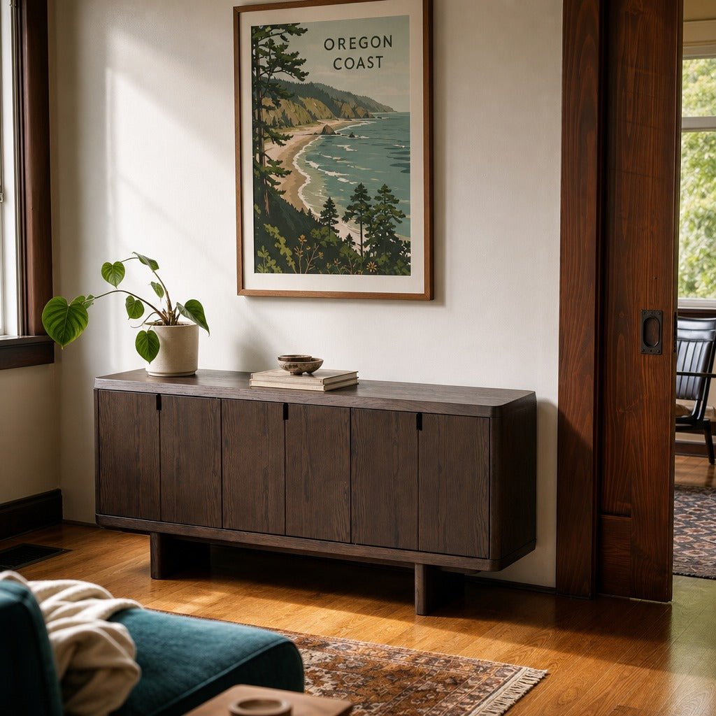 Natu Sideboard in Espresso Oil styled in Portland Laurelhurst Tudor dining room - Whats New Furniture