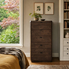 Natu Tallboy Dresser in Dark Espresso styled in Portland Mt. Tabor mid-century bedroom - Whats New Furniture