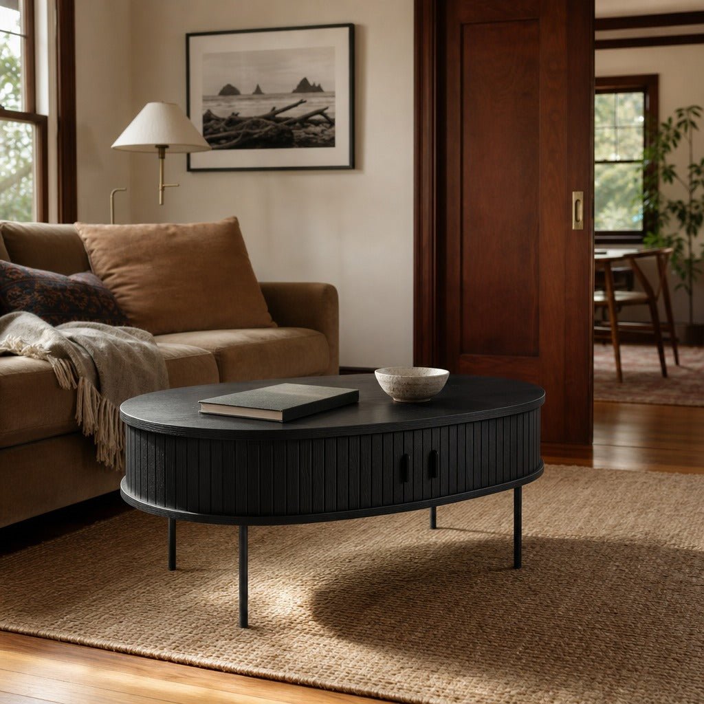 Nola Coffee Table in Black Oak styled in Portland Laurelhurst Tudor living room - Whats New Furniture