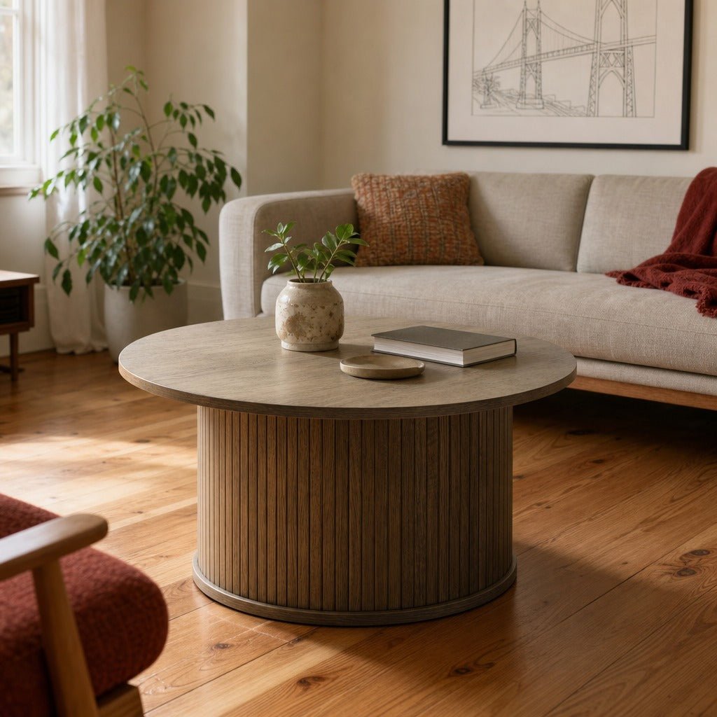 Nola Coffee Table in Smoked Oak styled in Portland Alberta Arts living room - Whats New Furniture