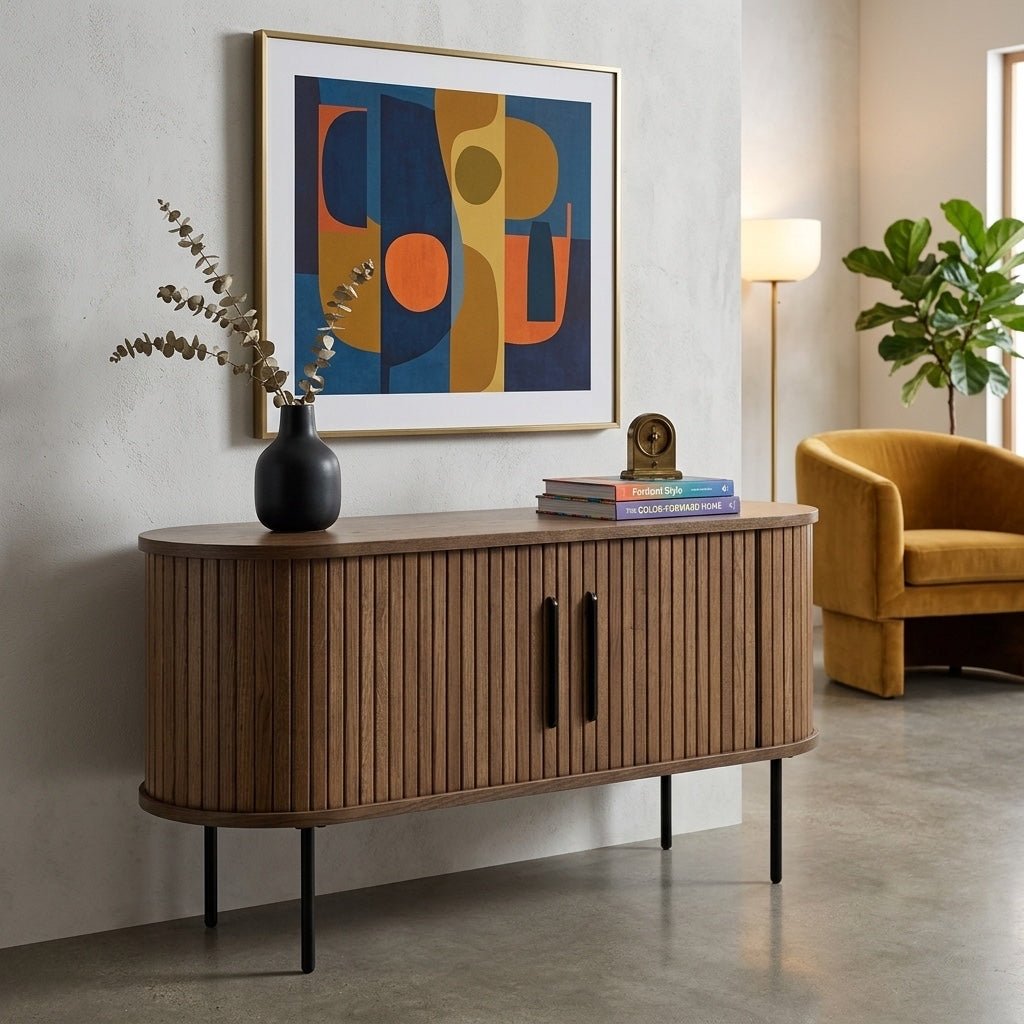 Nola Low Media Console styled in a bright Portland mid-century modern interior - Whats New Furniture