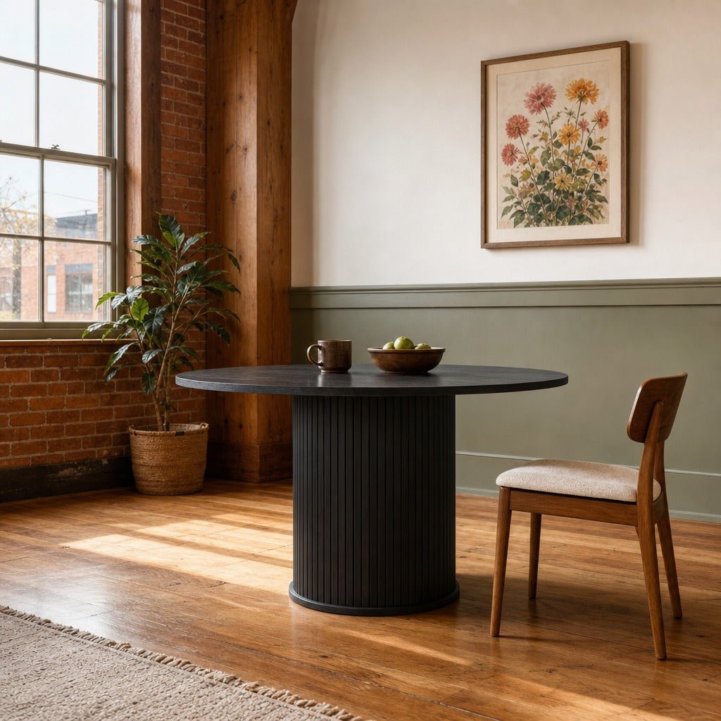 Nola Round Dining Table in Black Oak styled in Portland St. Johns bungalow dining room - Whats New Furniture
