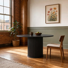 Nola Round Dining Table in Black Oak styled in Portland St. Johns bungalow dining room - Whats New Furniture