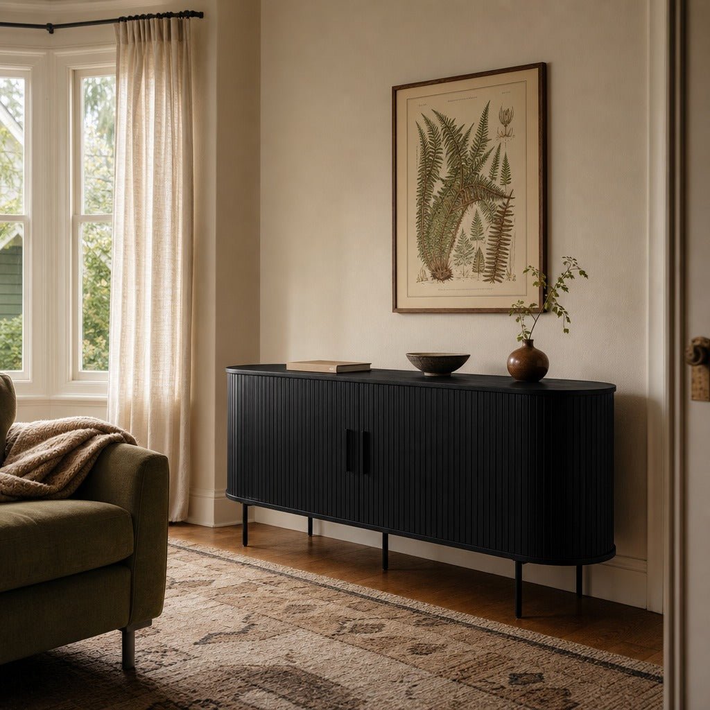 Nola Sideboard in Black Oak styled in Portland Irvington foursquare dining room - Whats New Furniture